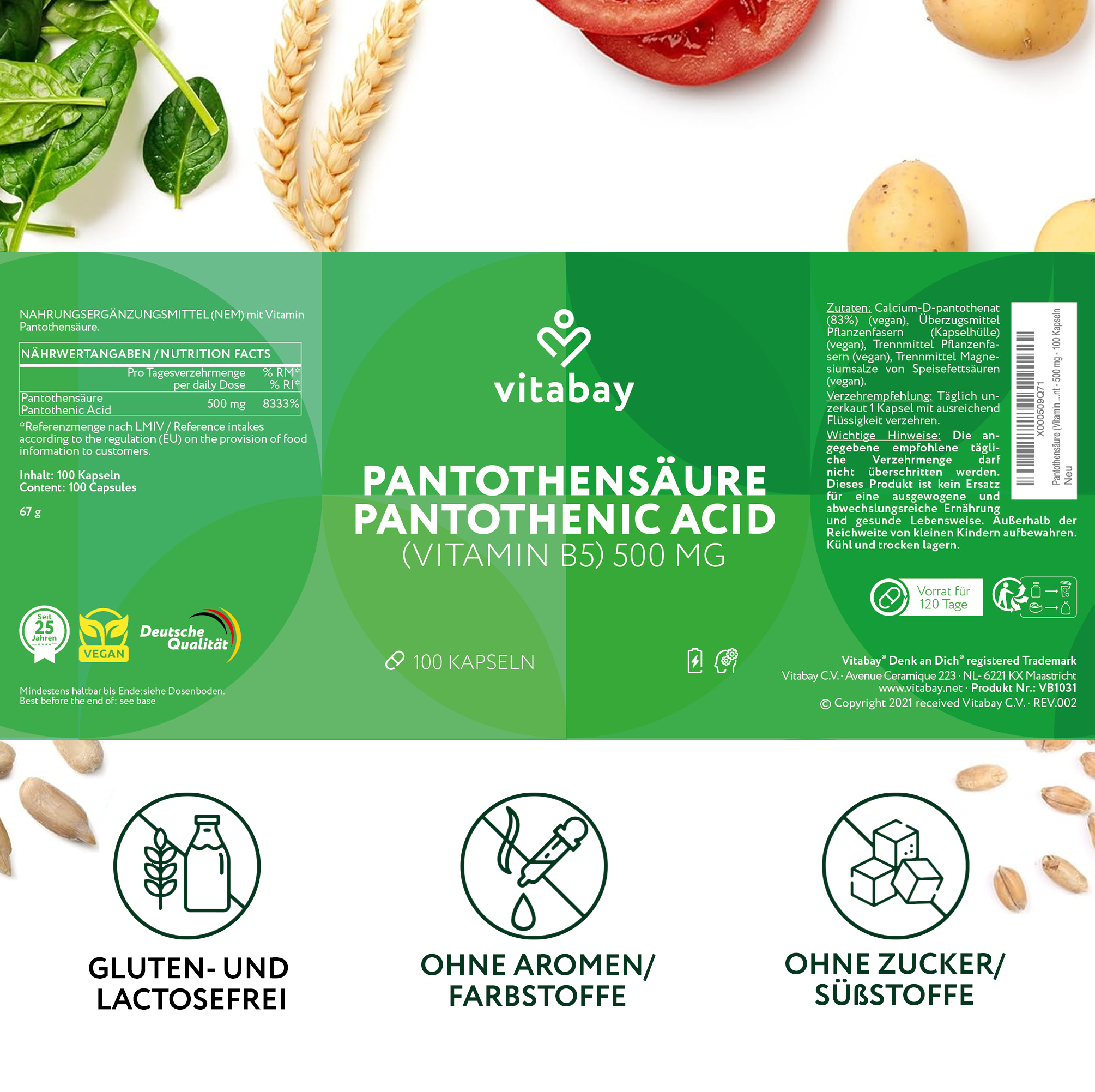 Acido pantotenico (vitamina B5) enterico resistente - 500 mg