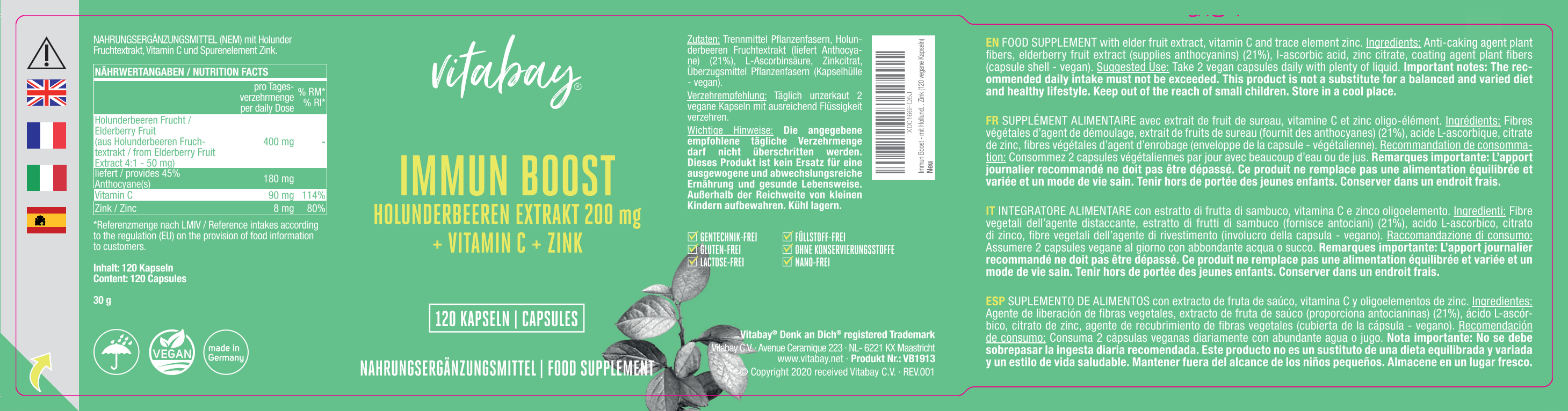 Immune Boost - con estratto di sambuco 200 mg, vitamina C e zinco - capsule vegane