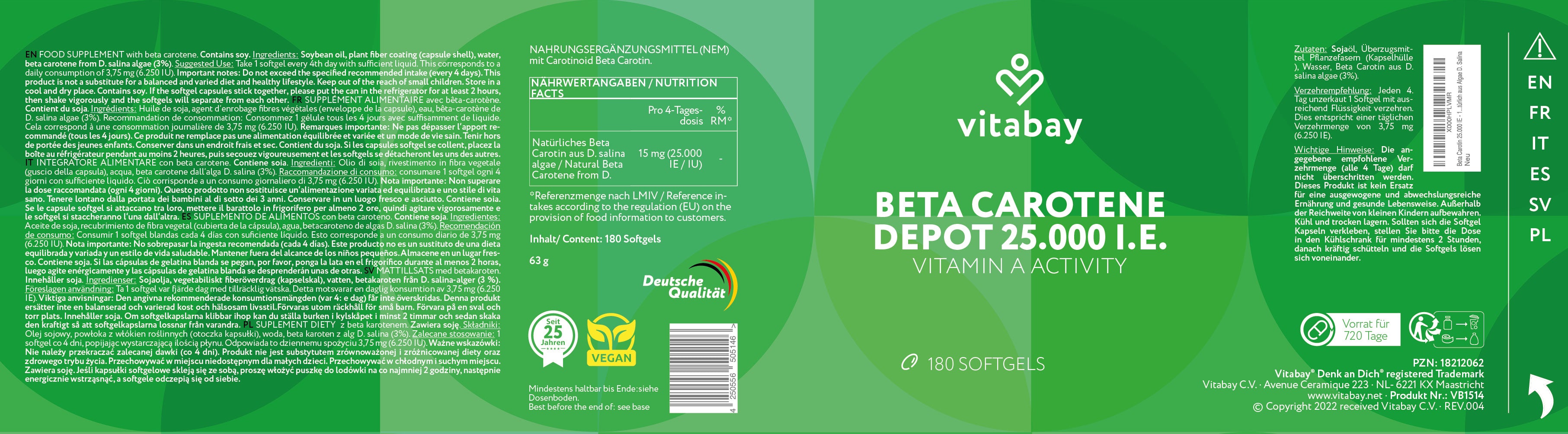 Deposito di beta carotene 25.000 UI - 180 capsule molli vegane