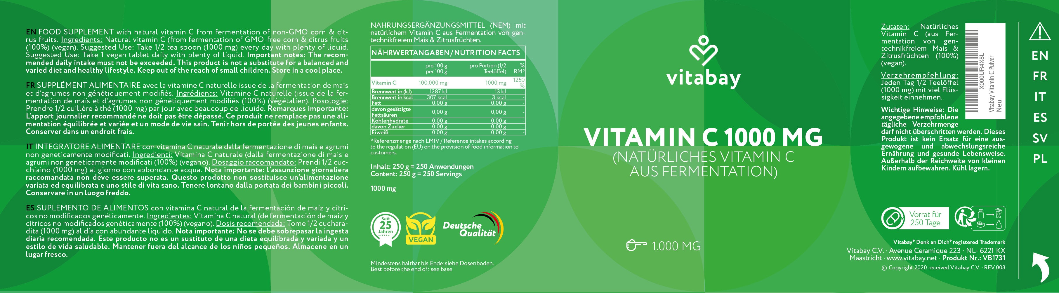 Vitamina C 1000 mg - 250 g polvere vegana