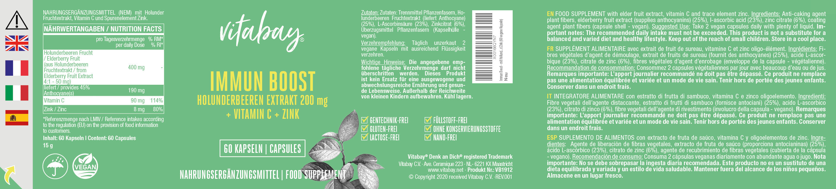 Immune Boost - con estratto di sambuco 200 mg, vitamina C e zinco - capsule vegane