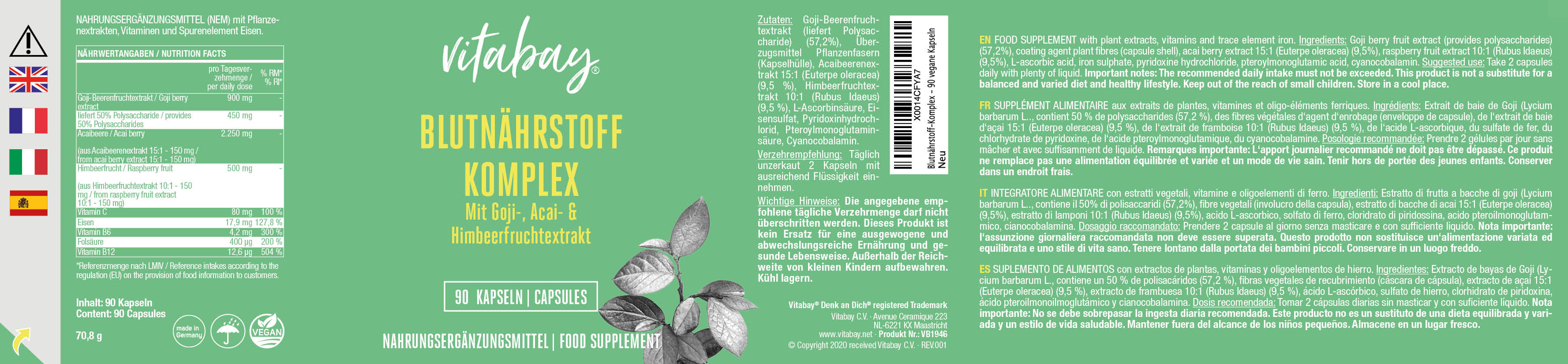 Complesso di nutrienti del sangue - Con estratto di Goji, Acai e lampone - 90 capsule vegane
