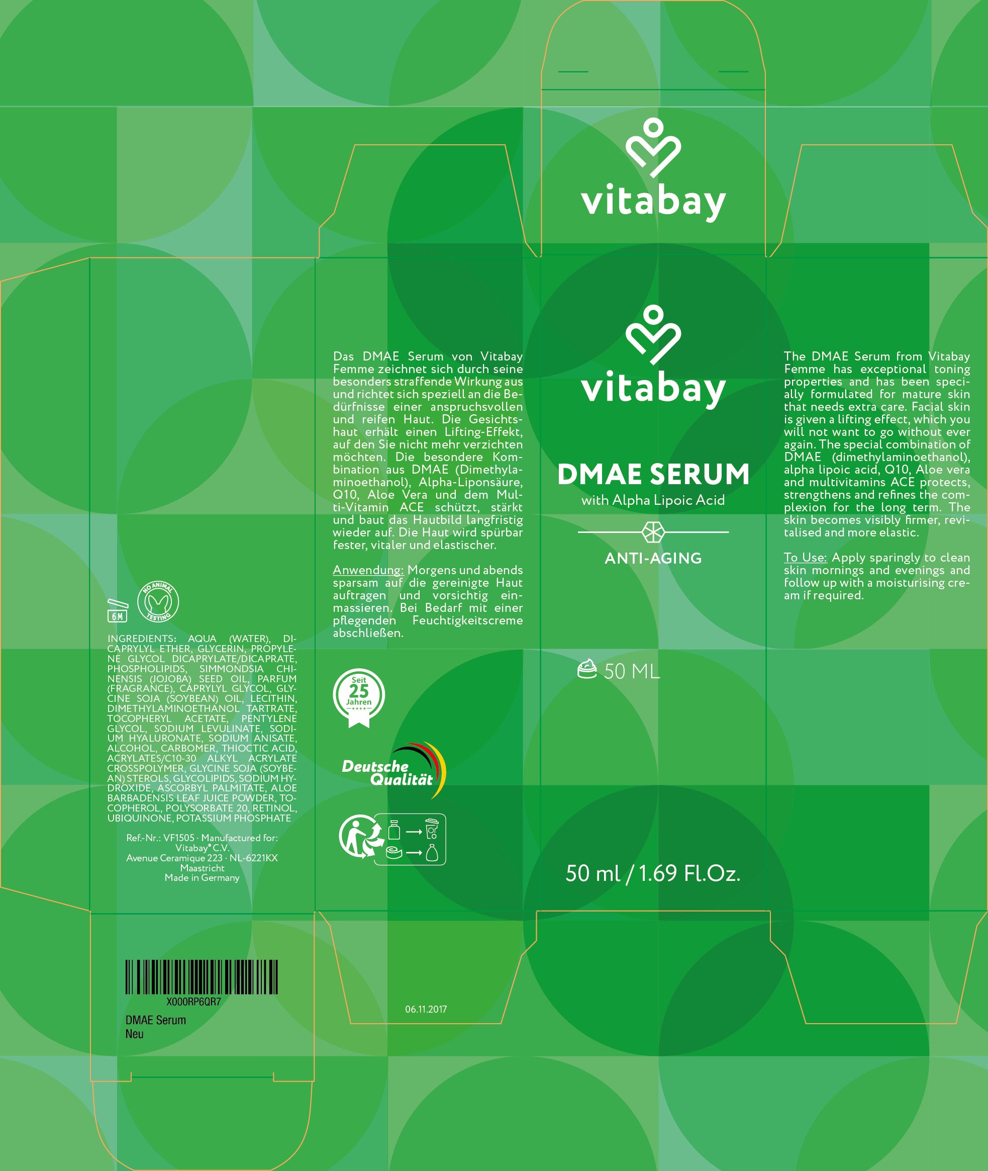 Siero DMAE - 50 ml - con 2,5% DMAE + 5% Acido R-Alfa Lipoico + 2,5% Retinolo Vitamina A + 5% Aloe Vera