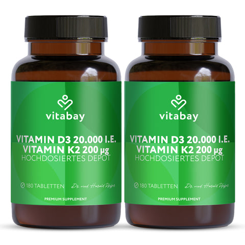 Vitamin D3 20.000 I.E. + K2 200 µg - 180 vegane Tabletten