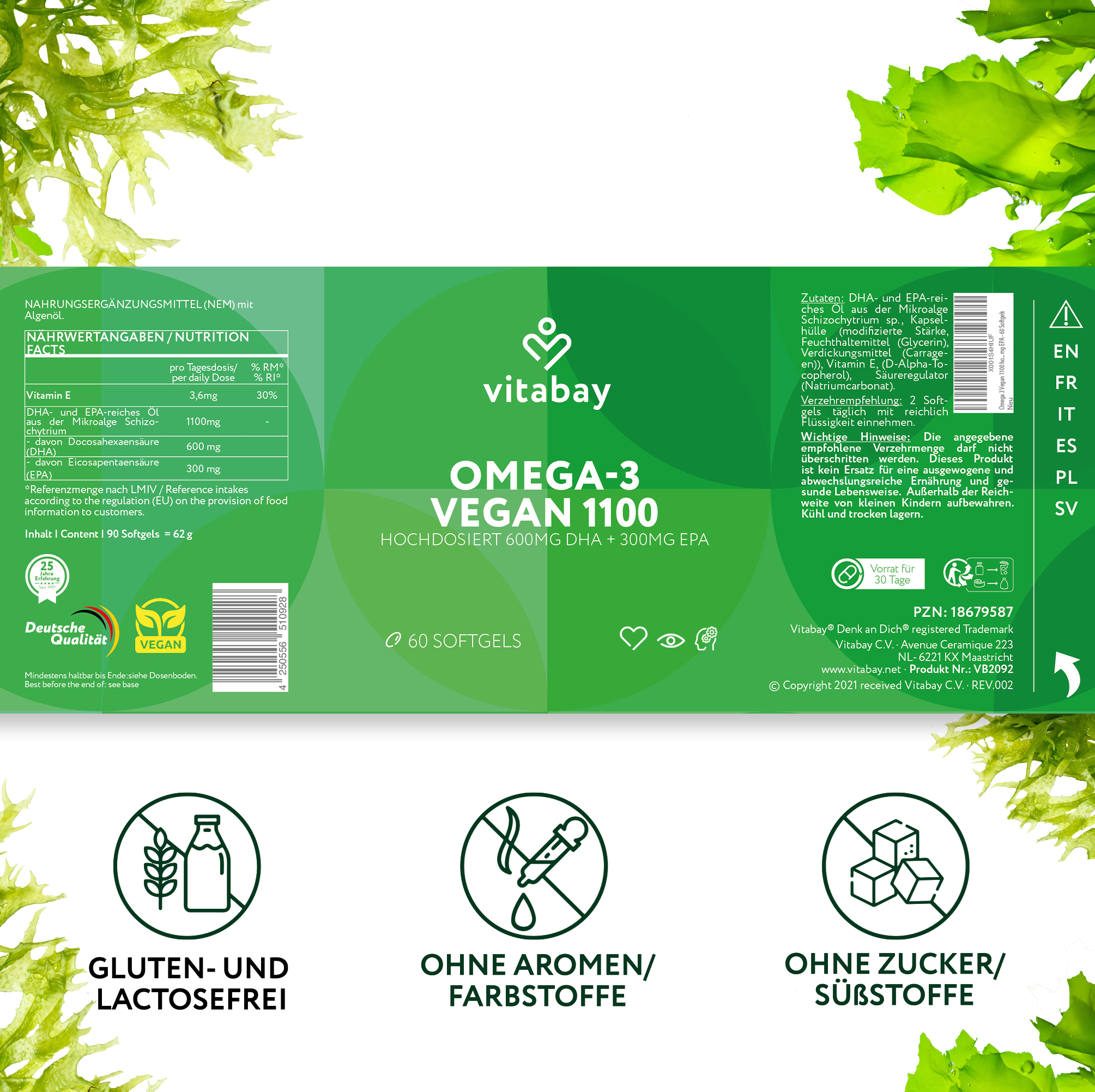 Capsule molli Omega 3 con 300 mg di olio di alghe DHA Vegan 60 capsule molli