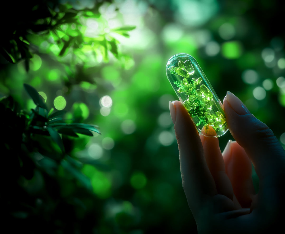 Mano che tiene una capsula verde davanti a foglie in controluce