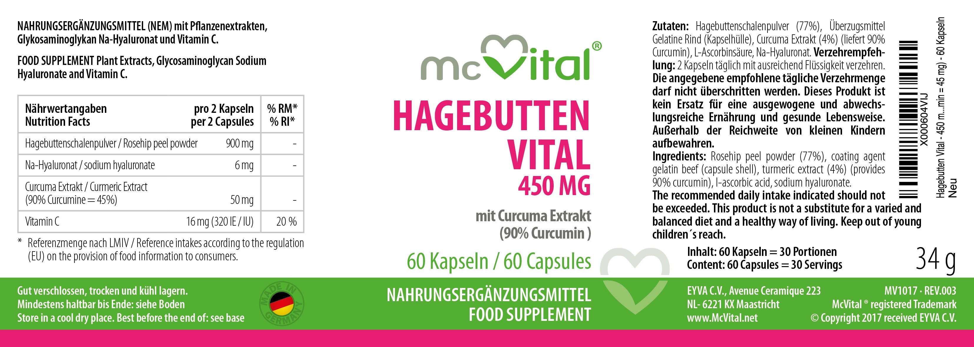 Rosa canina Vital 450mg con estratto di curcuma - 60 capsule