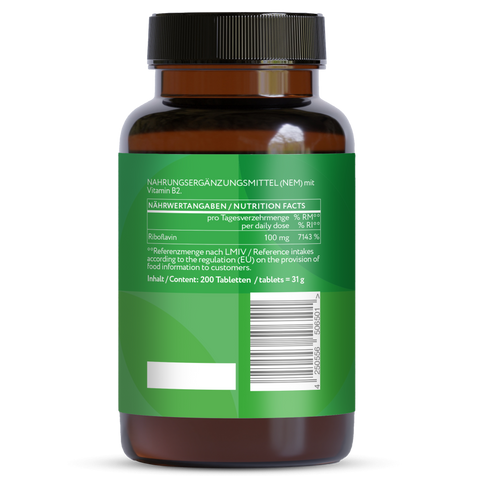 Vitamin B2 Riboflavin 100 mg  - 200 vegane Tabletten