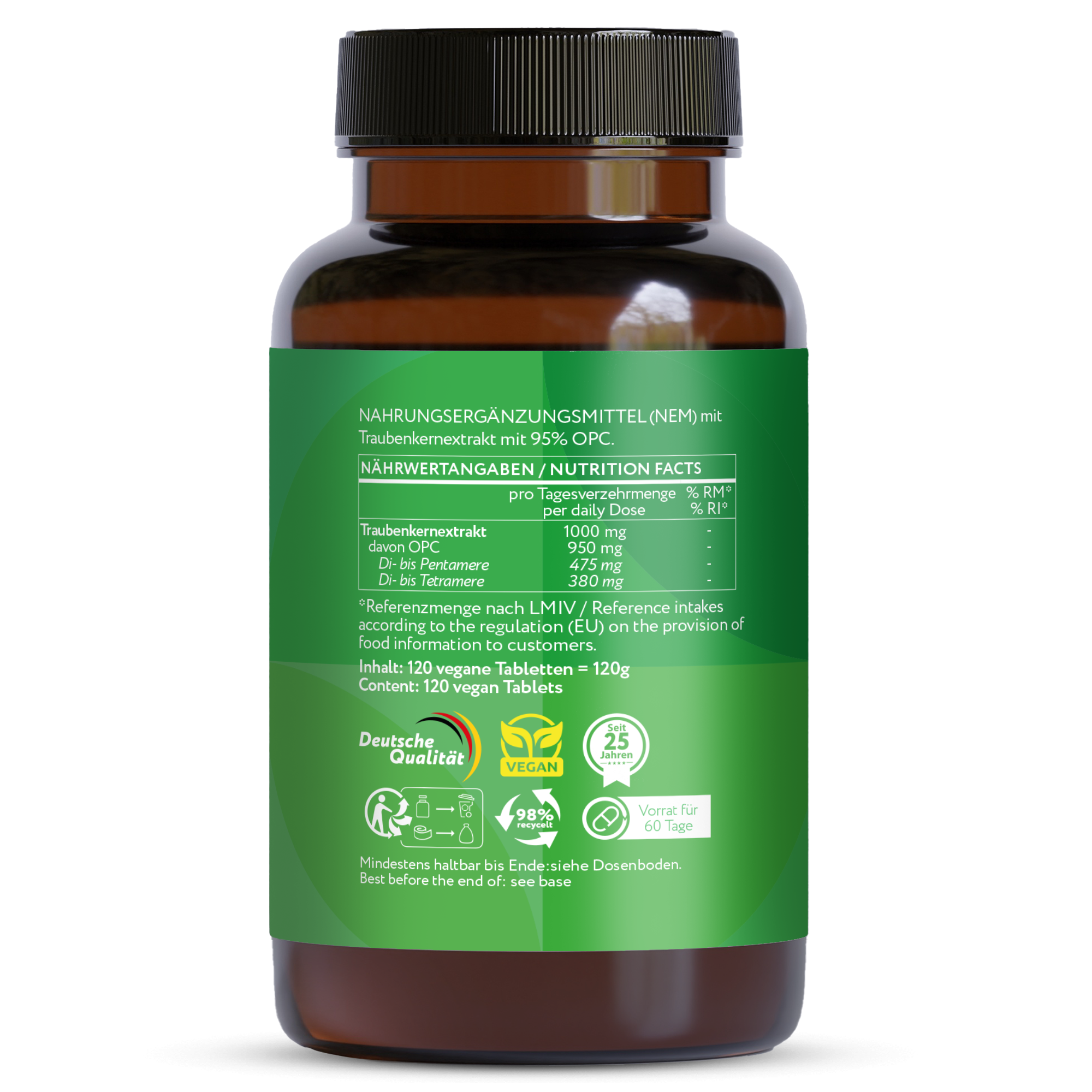 Estratto di semi d'uva OPC alto dosaggio - 1000 MG - 120 compresse vegane