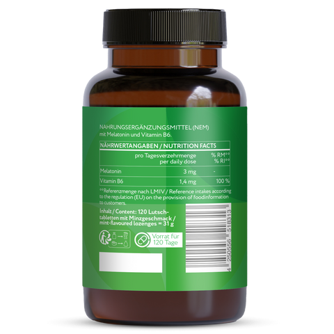 Melatonin 3 mg + Vitamin B6 – 120 Premium Melatonin Lutschtabletten mit Menthol