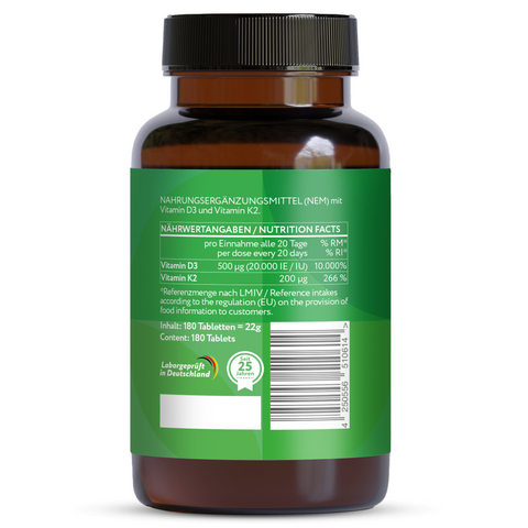 Vitamin D3 20.000 I.E. + K2 200 µg - 180 vegane Tabletten