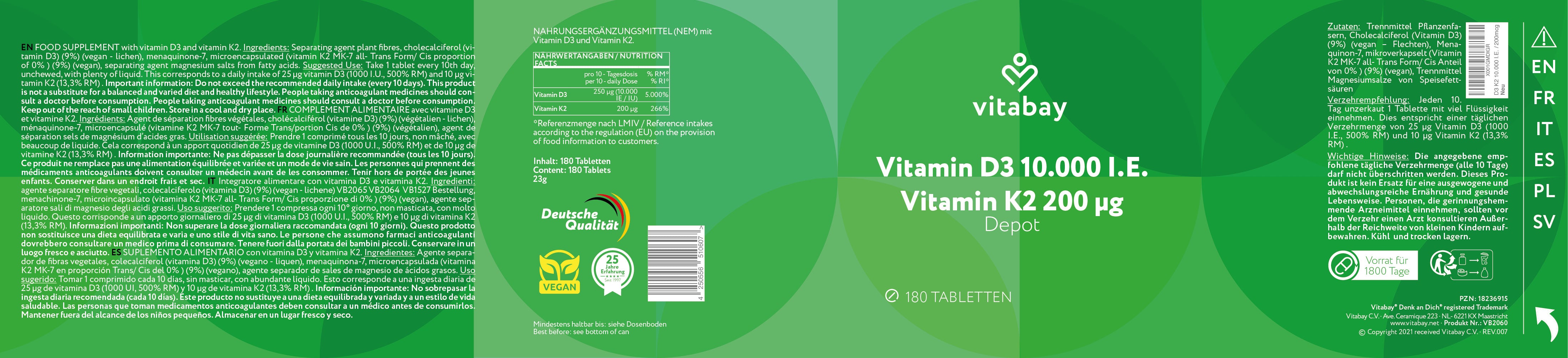 Vitamina D3 Depot 10.000 UI + Vitamina K2 200mcg - 180 compresse vegane
