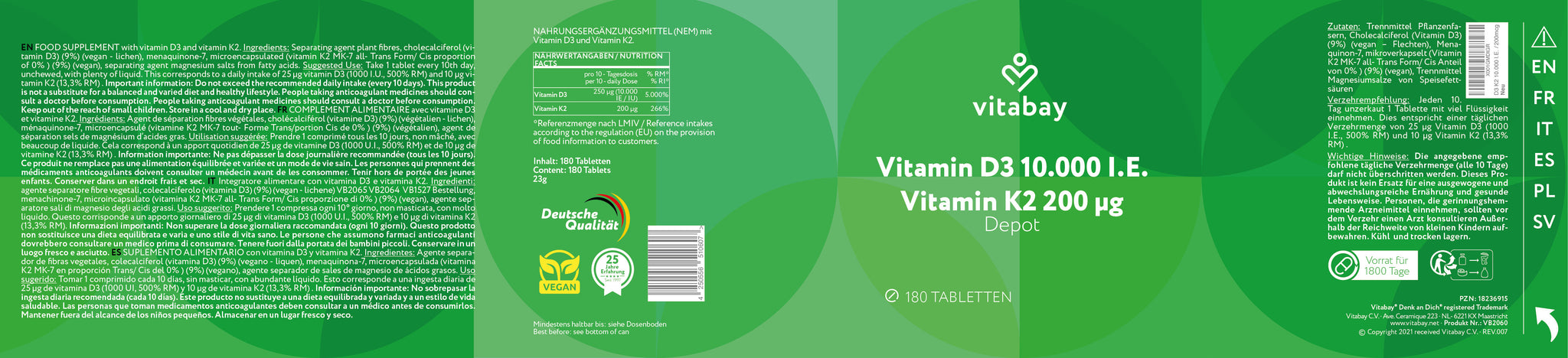 Vitamina D3 Depot 10.000 UI + Vitamina K2 200mcg - 180 compresse vegane